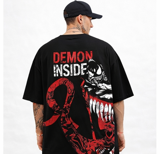 Men’s Oversized Graphic T-Shirt – Demon Inside Back Print | Premium Cotton Streetwear Anime Tee | Round Neck Half Sleeve