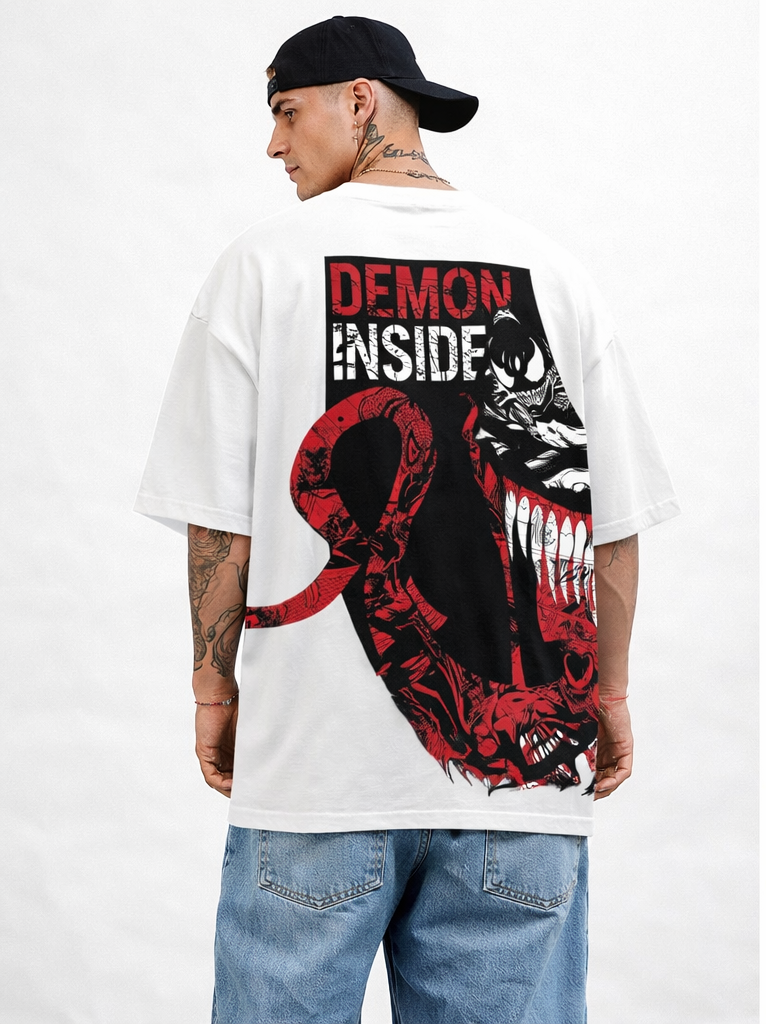 Men’s Oversized Graphic T-Shirt – Demon Inside Back Print | Premium Cotton Streetwear Anime Tee | Round Neck Half Sleeve