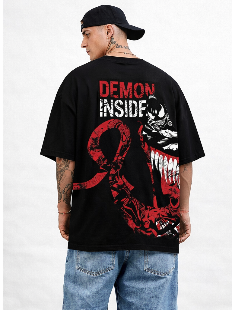 Men’s Oversized Graphic T-Shirt – Demon Inside Back Print | Premium Cotton Streetwear Anime Tee | Round Neck Half Sleeve