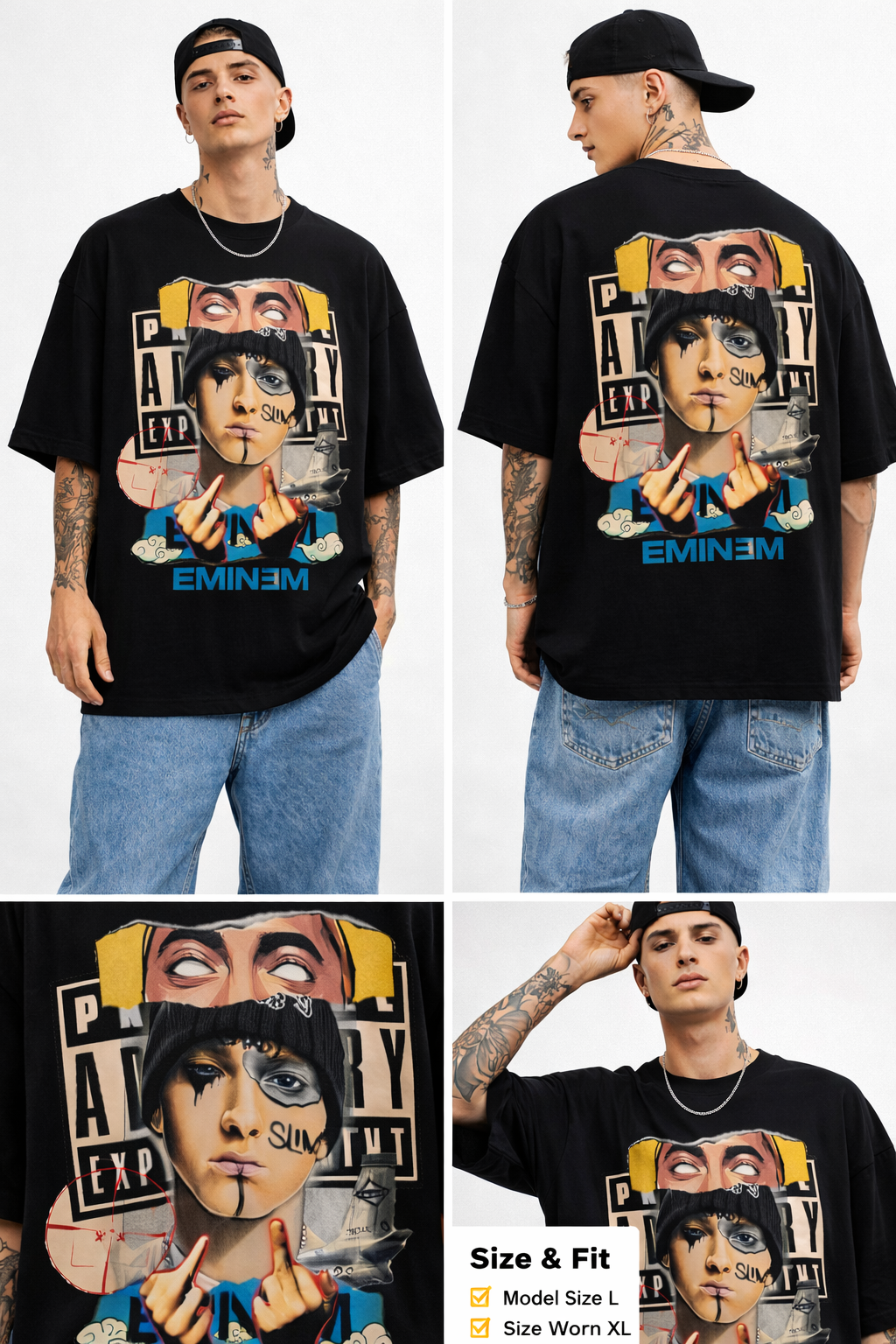 Men’s Oversized Black Graphic T-Shirt | Premium Cotton Hip Hop Streetwear Tee | Round Neck Half Sleeve Casual Wear