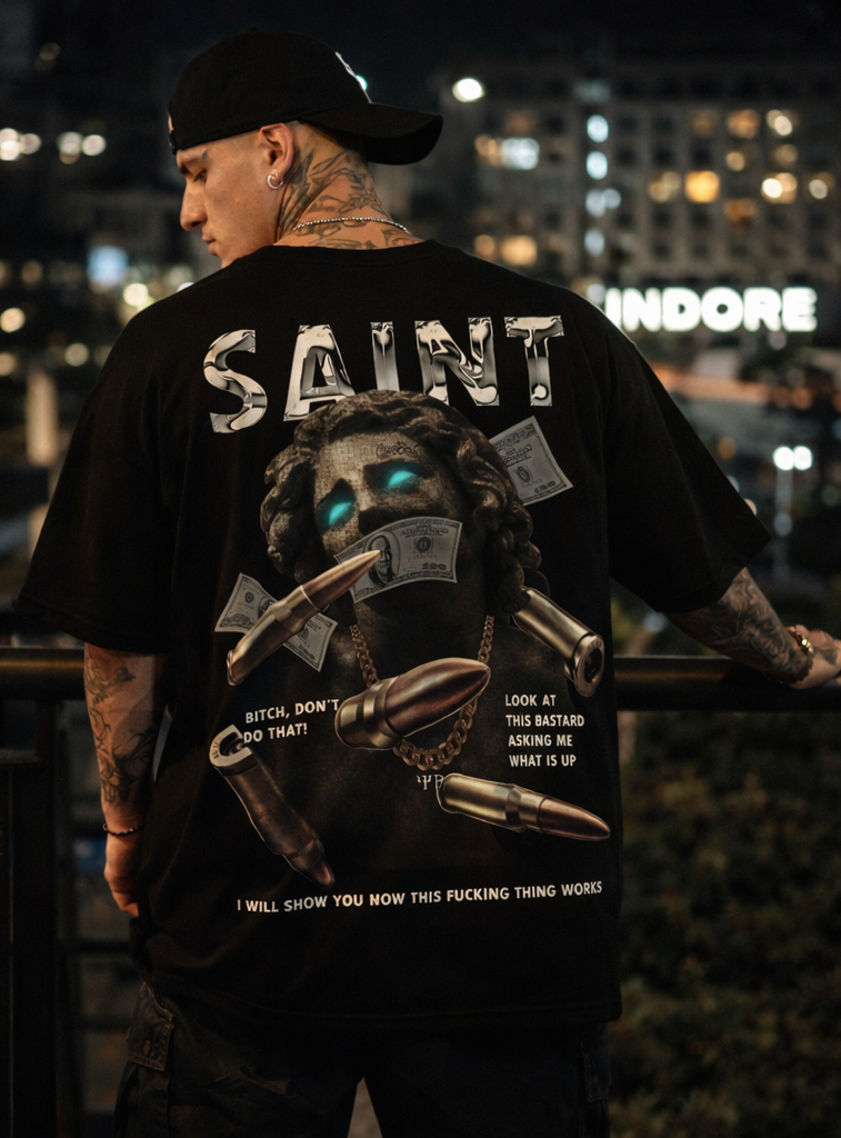 SAINT Oversized T-Shirt – Dark Luxury Back Print | Premium Cotton Streetwear Tee for Men