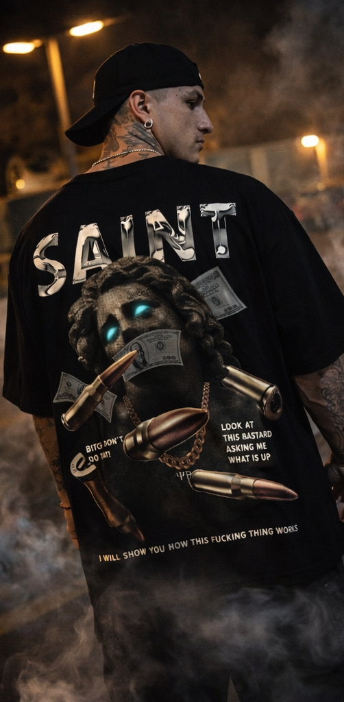 SAINT Oversized T-Shirt – Dark Luxury Back Print | Premium Cotton Streetwear Tee for Men